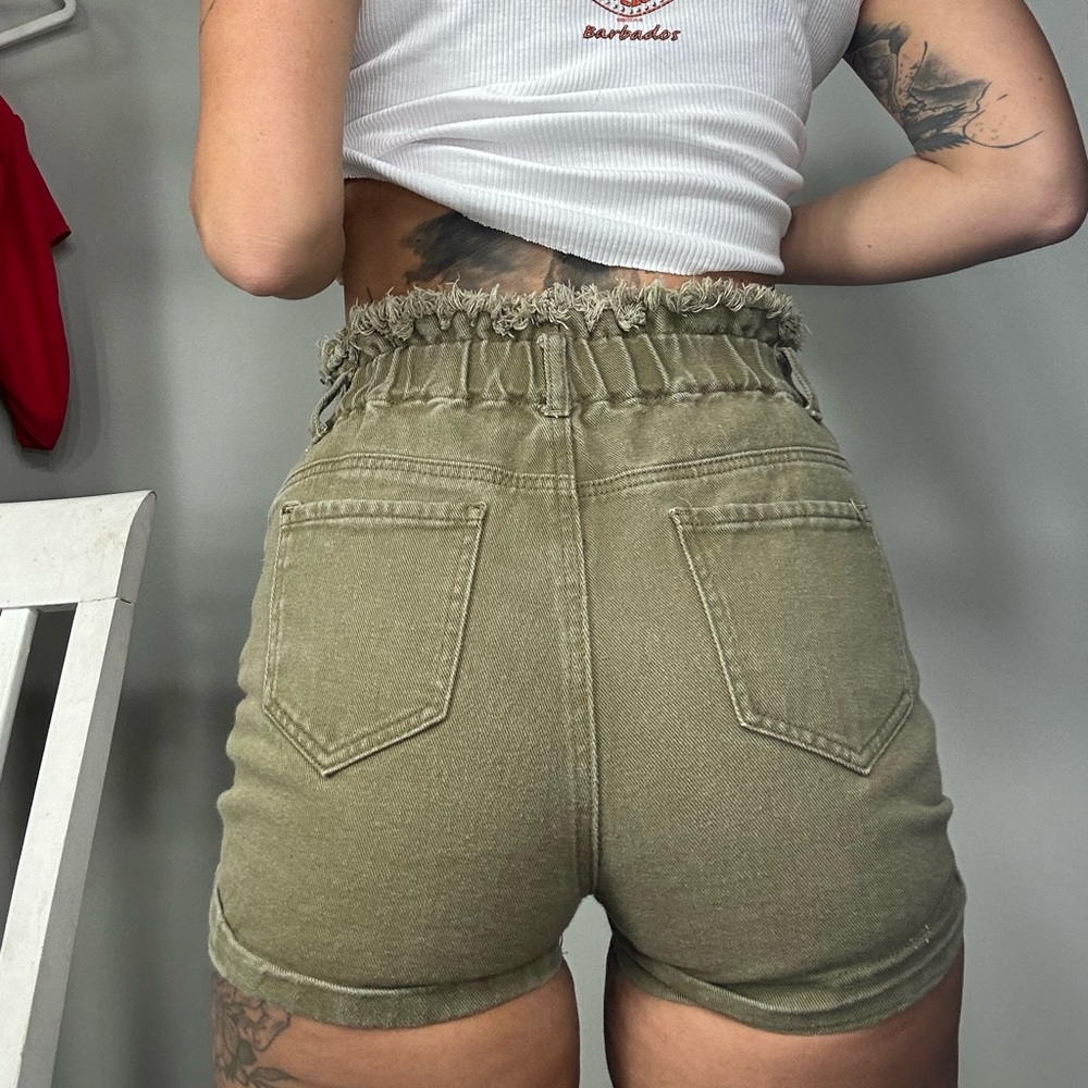 High waisted denim green shorts boohoo blue